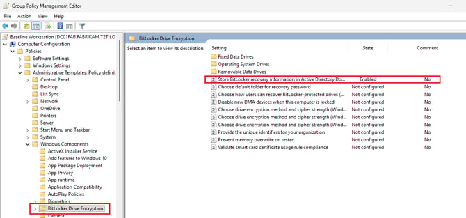 Group Policy Editor - BitLocker Escrow Settings
