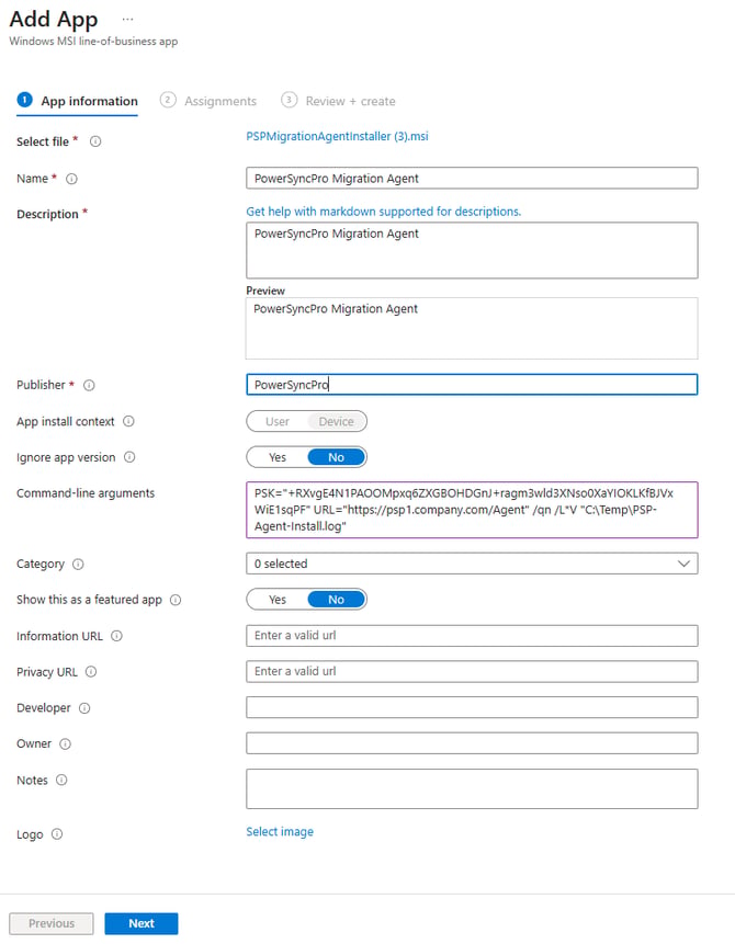 Screenshot of Adding Intune App
